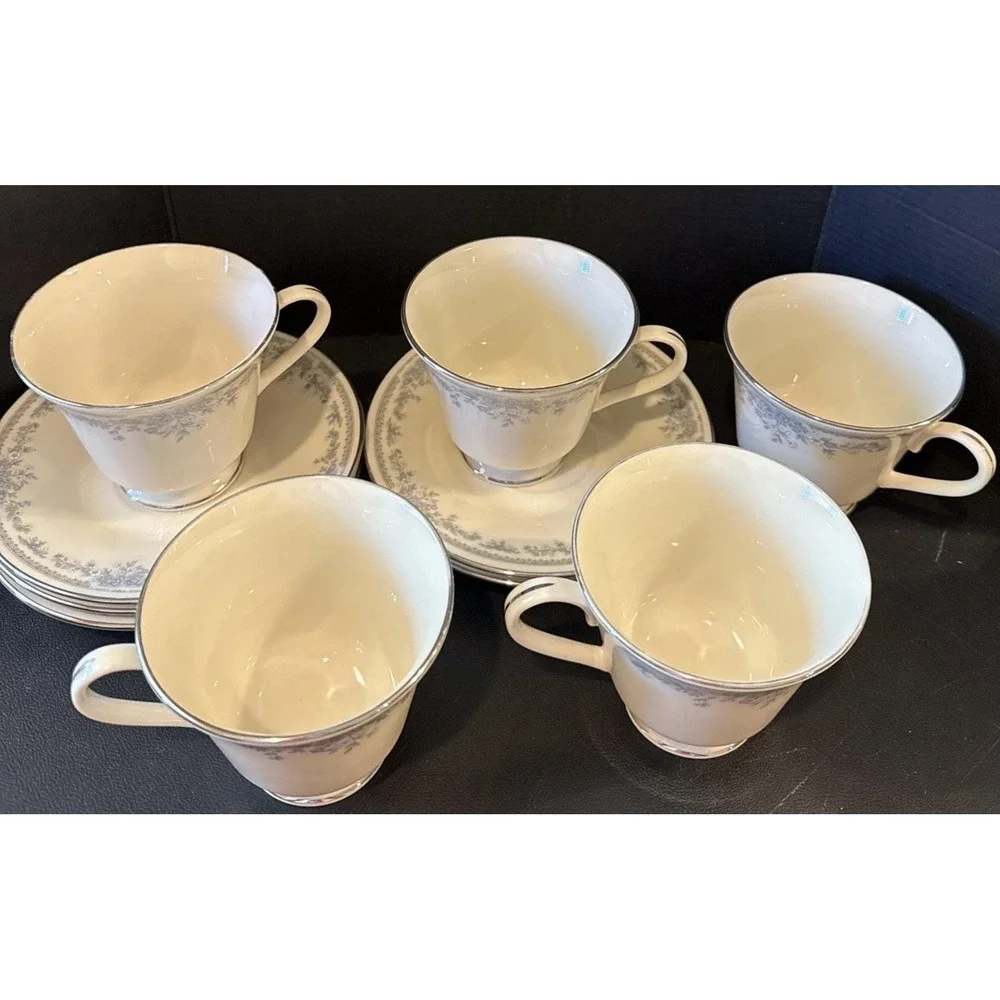 Lenox Reverie Platinum Tea Cups Teacup Saucers‎ Set Of 5 USA Vintage Floral